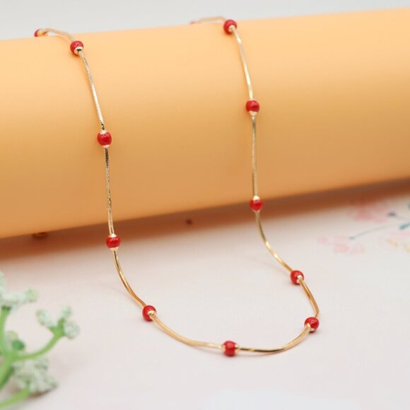 "Rose Gold Necklace with Red Beads Elegant Accent Chain, XPNL0134 - Picture 1 of 12